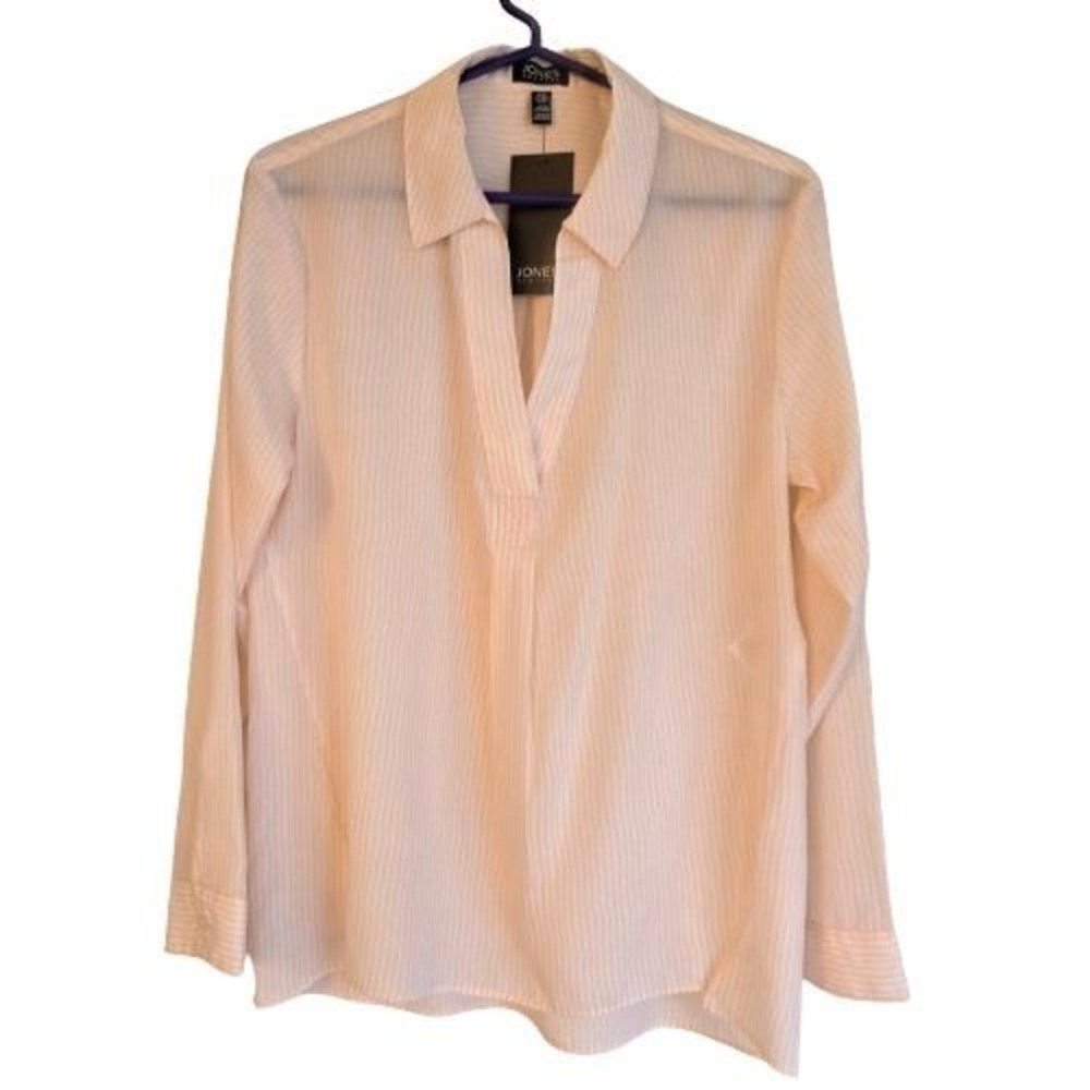 NWT Jones New York Signature Striped Split Neck‎ Blouse Pink White Career Office
